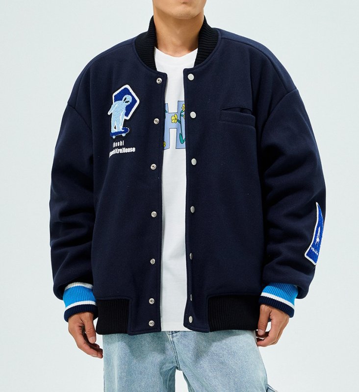 画像2: Skateboard Towel Embroidery baseball uniform jacket BASEBALL JACKET  blouson ユニセックス 男女兼用スケートボード 刺繍ジャケットスタジアムジャンパー スタジャン MA-1 ボンバー ジャケット ブルゾン (2)