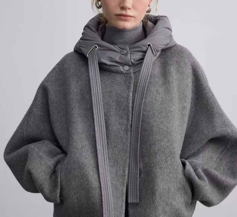 画像2: Hooded bat sleeve wool short coat   フードバットスリーブウールショート ジャケットコート (2)