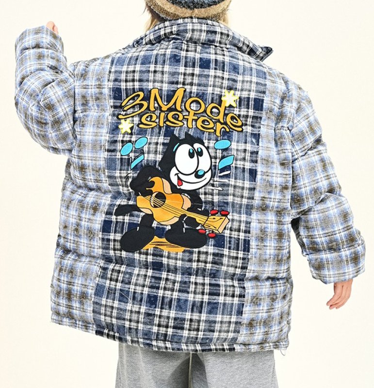 画像4: Felix the Cat embroidered check down jacket coat blouson ユニセックス 男女兼用 フィリックス・ザ・キャット刺繍 チェックダウンジャケット コートジャケット ボンバー ブルゾン (4)