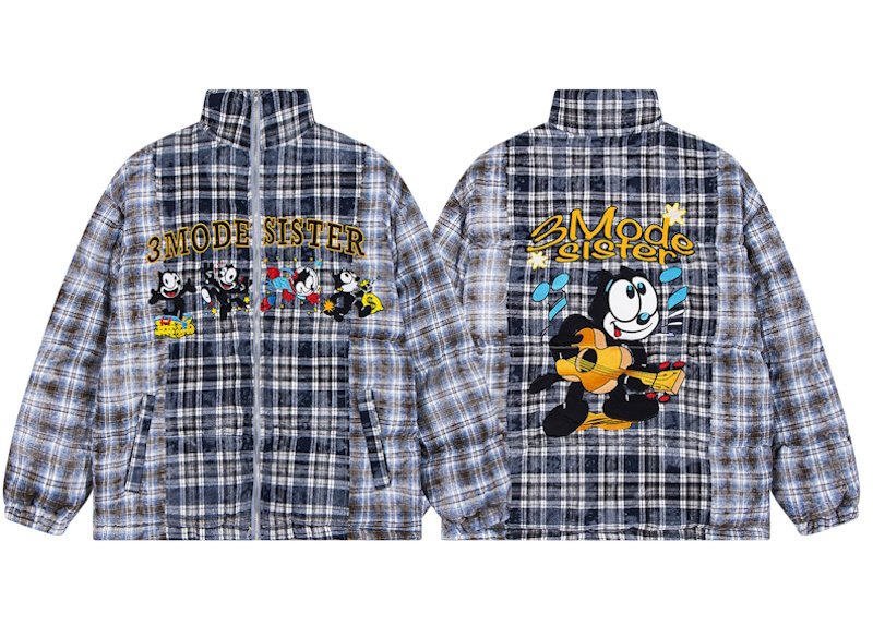 画像1: Felix the Cat embroidered check down jacket coat blouson ユニセックス 男女兼用 フィリックス・ザ・キャット刺繍 チェックダウンジャケット コートジャケット ボンバー ブルゾン (1)