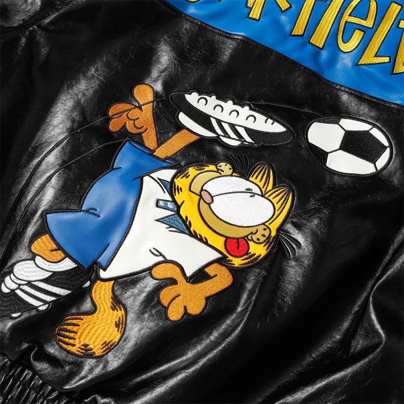 画像3: Soccer Garfield embroidered leather stadium jacket  ユニセックス 男女兼用サッカーガーフィールド刺繍 レザースタジャンジャケットMA1 ブルゾン  (3)