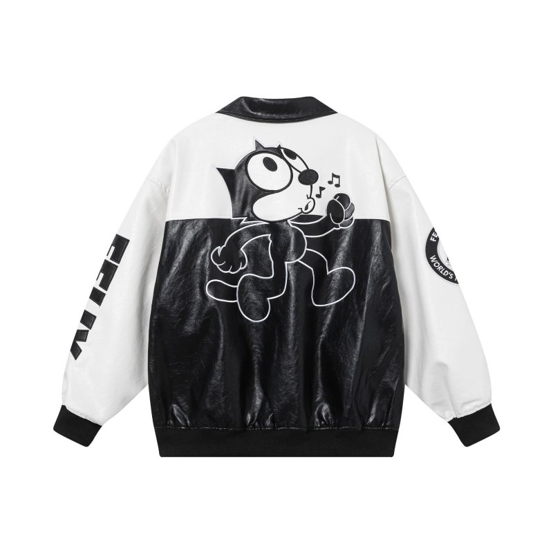 画像2: Felix the Cat Bicolor Leather Jacket Jumper stadium jacketstadium jacke　 ユニセックス 男女兼用フィリックス・ザ・キャットバイカラーレザースタジャンジャケットMA1 ブルゾン　 (2)