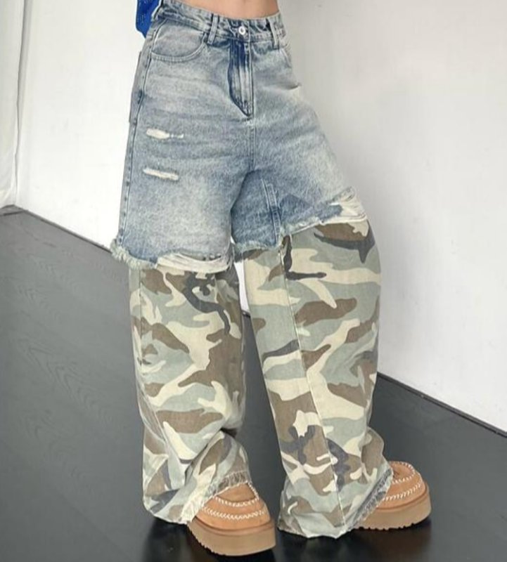 画像6: Unisex distressed denim + camouflage pants loose denim pants trousers 　男女兼用 ユニセックス ダメージデニム＋カモフラージュジーンズデニム　パンツ (6)
