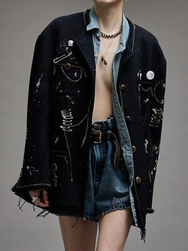 画像4: Chain piping Paris illustration denim jacket coat   チェーンパイピングパリイラストデニムジャケットコート (4)