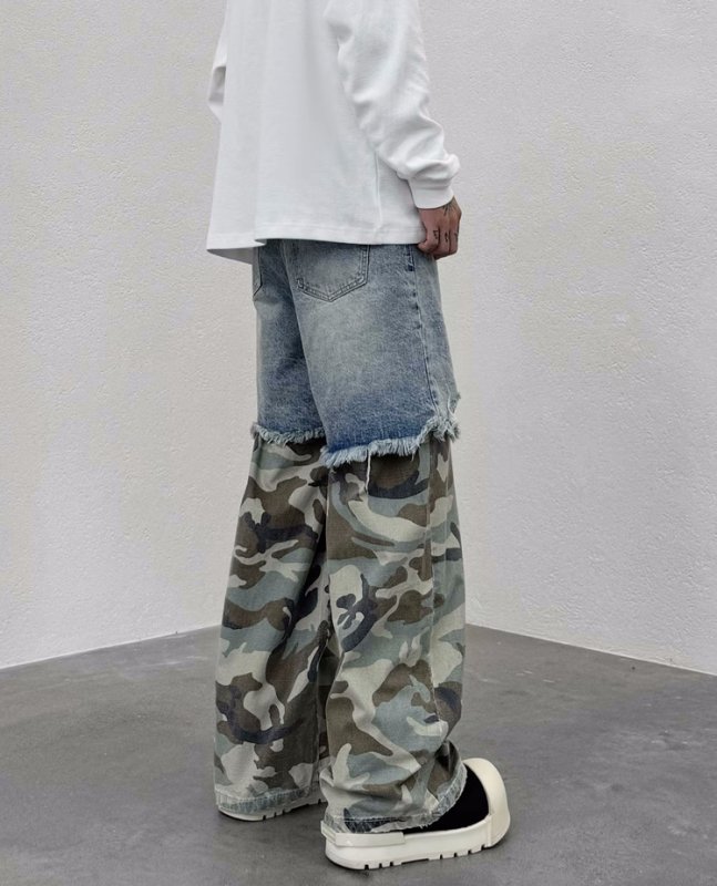 画像7: Unisex distressed denim + camouflage pants loose denim pants trousers 　男女兼用 ユニセックス ダメージデニム＋カモフラージュジーンズデニム　パンツ (7)