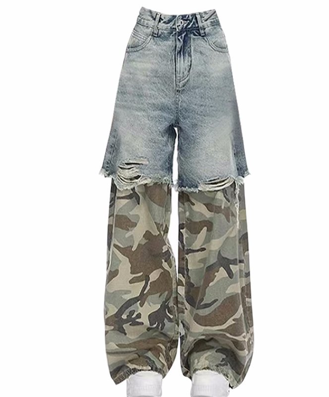 画像3: Unisex distressed denim + camouflage pants loose denim pants trousers 　男女兼用 ユニセックス ダメージデニム＋カモフラージュジーンズデニム　パンツ (3)