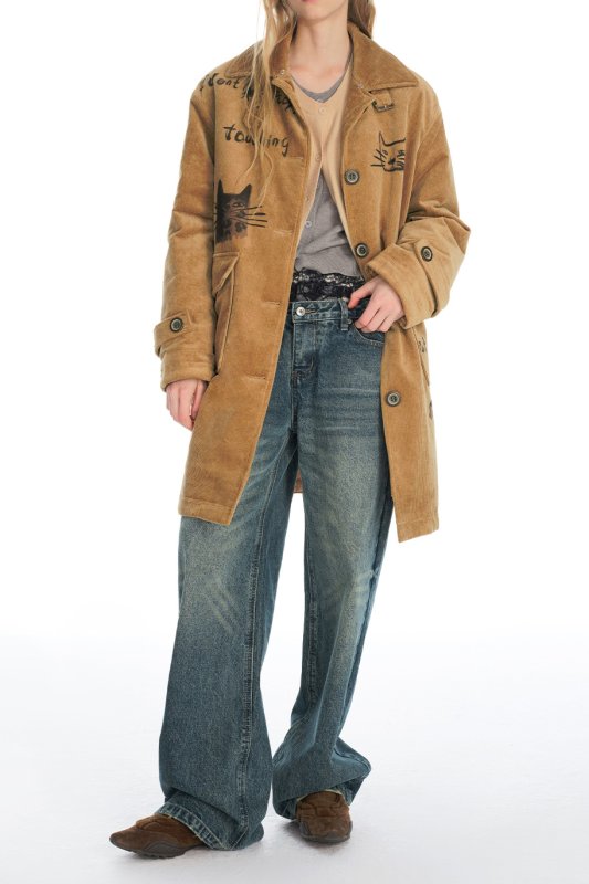 画像2: Cat illustration mid-length corduroy coat jacket キャット猫イラストミドル丈コーデュロイコート ジャケット (2)