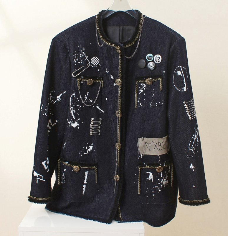 画像5: Chain piping Paris illustration denim jacket coat   チェーンパイピングパリイラストデニムジャケットコート (5)