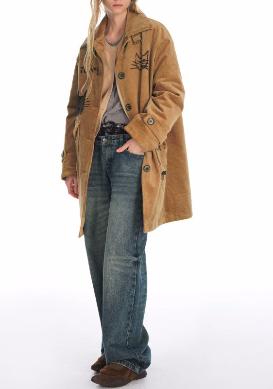 画像8: Cat illustration mid-length corduroy coat jacket キャット猫イラストミドル丈コーデュロイコート ジャケット (8)
