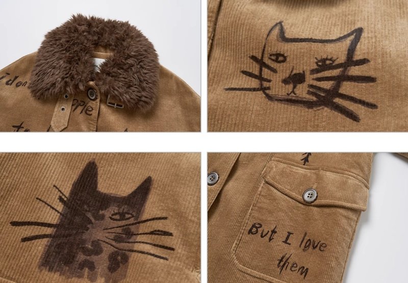 画像9: Cat illustration mid-length corduroy coat jacket キャット猫イラストミドル丈コーデュロイコート ジャケット (9)