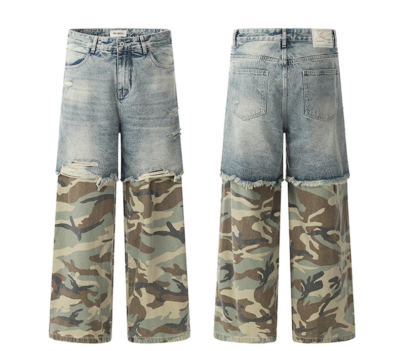画像2: Unisex distressed denim + camouflage pants loose denim pants trousers 　男女兼用 ユニセックス ダメージデニム＋カモフラージュジーンズデニム　パンツ (2)