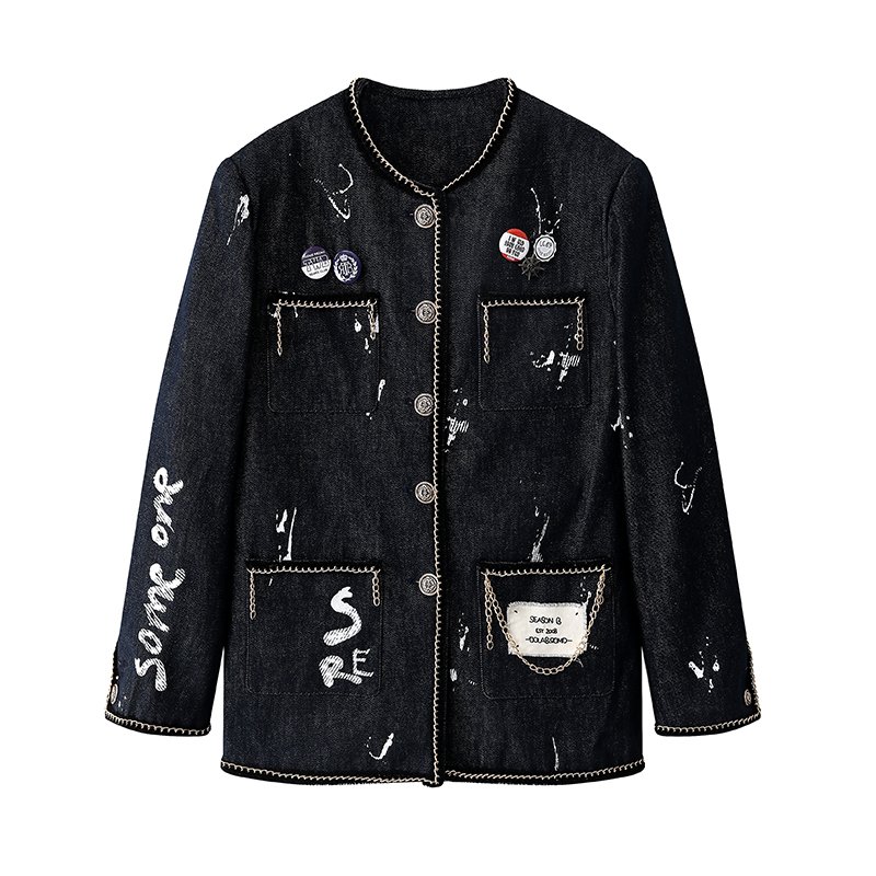 画像6: Chain piping Paris illustration denim jacket coat   チェーンパイピングパリイラストデニムジャケットコート (6)