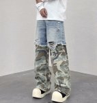 画像8: Unisex distressed denim + camouflage pants loose denim pants trousers 　男女兼用 ユニセックス ダメージデニム＋カモフラージュジーンズデニム　パンツ (8)