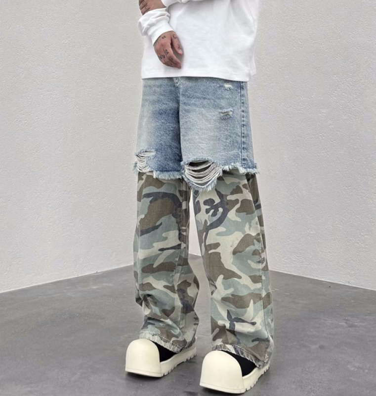 画像8: Unisex distressed denim + camouflage pants loose denim pants trousers 　男女兼用 ユニセックス ダメージデニム＋カモフラージュジーンズデニム　パンツ (8)