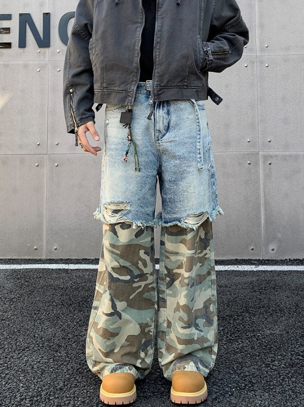 画像5: Unisex distressed denim + camouflage pants loose denim pants trousers 　男女兼用 ユニセックス ダメージデニム＋カモフラージュジーンズデニム　パンツ (5)