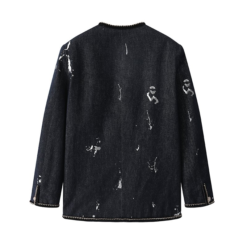 画像2: Chain piping Paris illustration denim jacket coat   チェーンパイピングパリイラストデニムジャケットコート (2)