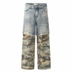 画像1: Unisex distressed denim + camouflage pants loose denim pants trousers 　男女兼用 ユニセックス ダメージデニム＋カモフラージュジーンズデニム　パンツ (1)