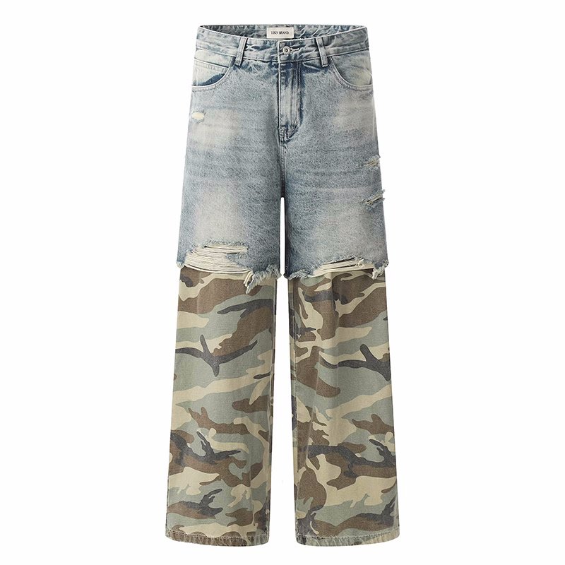 画像1: Unisex distressed denim + camouflage pants loose denim pants trousers 　男女兼用 ユニセックス ダメージデニム＋カモフラージュジーンズデニム　パンツ (1)