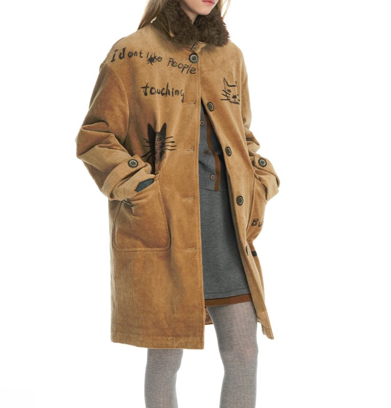 画像7: Cat illustration mid-length corduroy coat jacket キャット猫イラストミドル丈コーデュロイコート ジャケット (7)