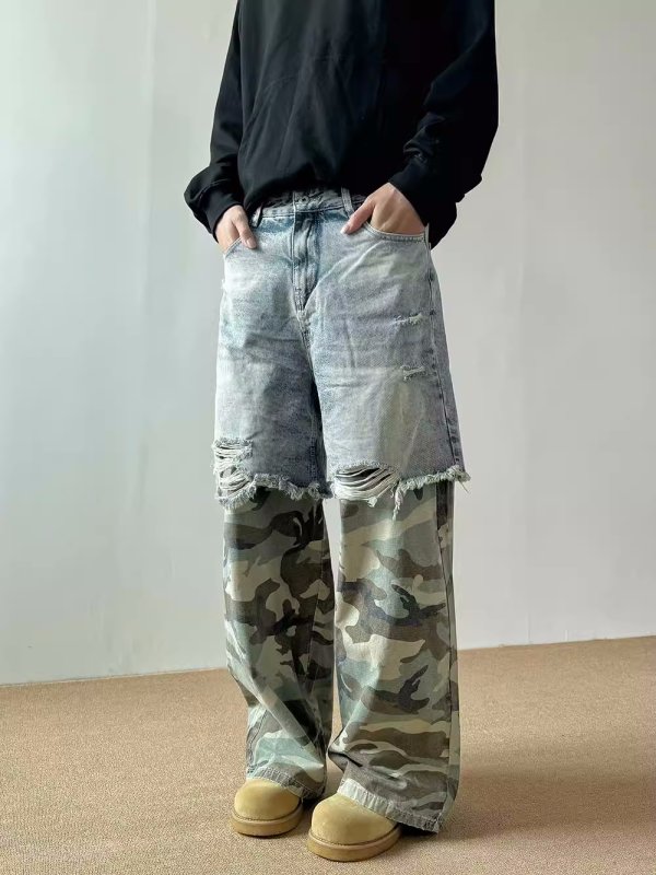画像4: Unisex distressed denim + camouflage pants loose denim pants trousers 　男女兼用 ユニセックス ダメージデニム＋カモフラージュジーンズデニム　パンツ (4)