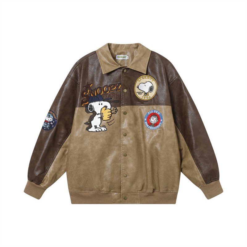 画像2: Snoopy baseball embroidery leather jacket  Jumper stadium jacket　 ユニセックス 男女兼用スヌーピーベースボール刺繍レザースタジャンジャケットMA1 ブルゾン　 (2)