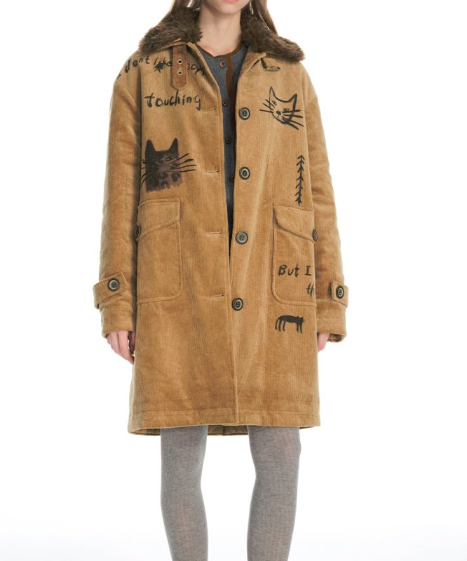 画像5: Cat illustration mid-length corduroy coat jacket キャット猫イラストミドル丈コーデュロイコート ジャケット (5)