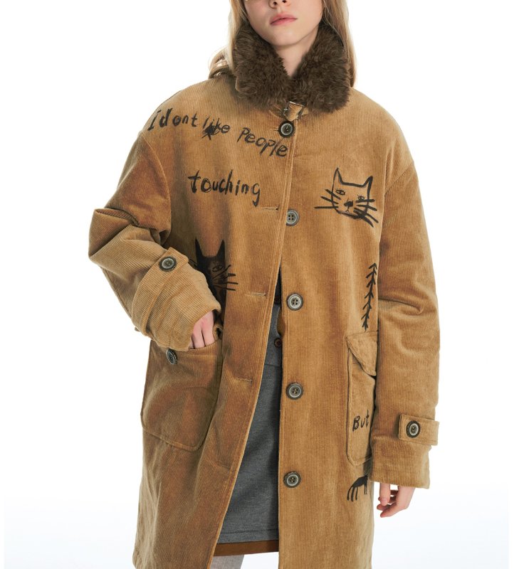 画像3: Cat illustration mid-length corduroy coat jacket キャット猫イラストミドル丈コーデュロイコート ジャケット (3)