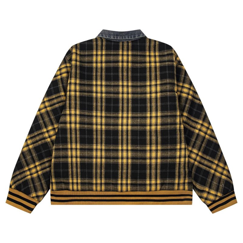 画像5: Check pattern splicing denim collar jacket blouson  ユニセックス 男女兼用チェック柄スプライシングデニム襟ジャケットブルゾンスタジャンジャケットMA1 ブルゾン  (5)