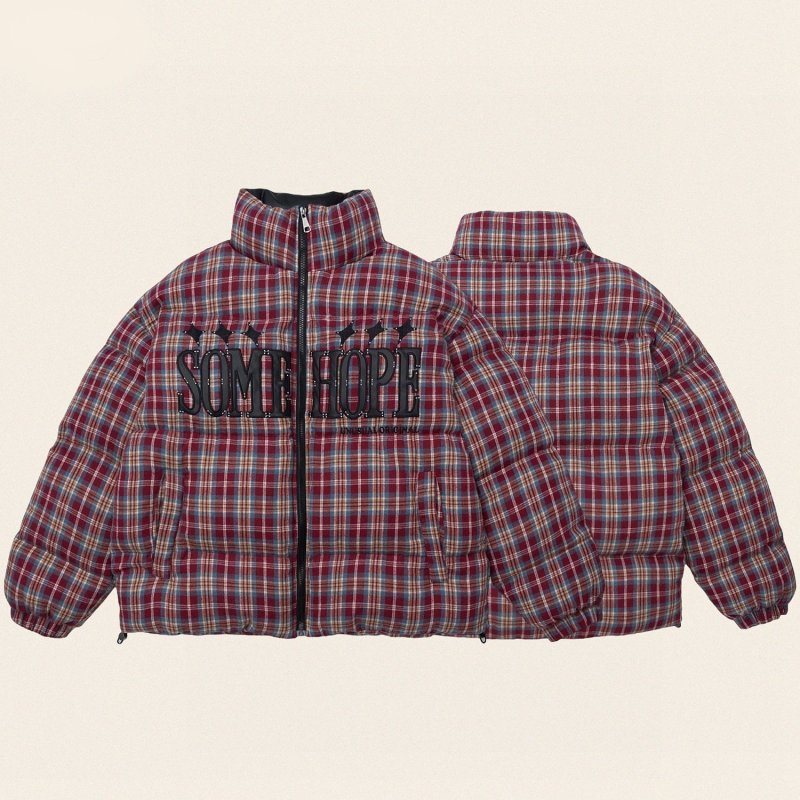 画像5: heck pattern logo embroidery stand collar down jacket bread coat acket blouson  ユニセックス 男女兼用チェック柄ロゴ刺繍スタンドカラーダウンジャケットブレッドコート (5)