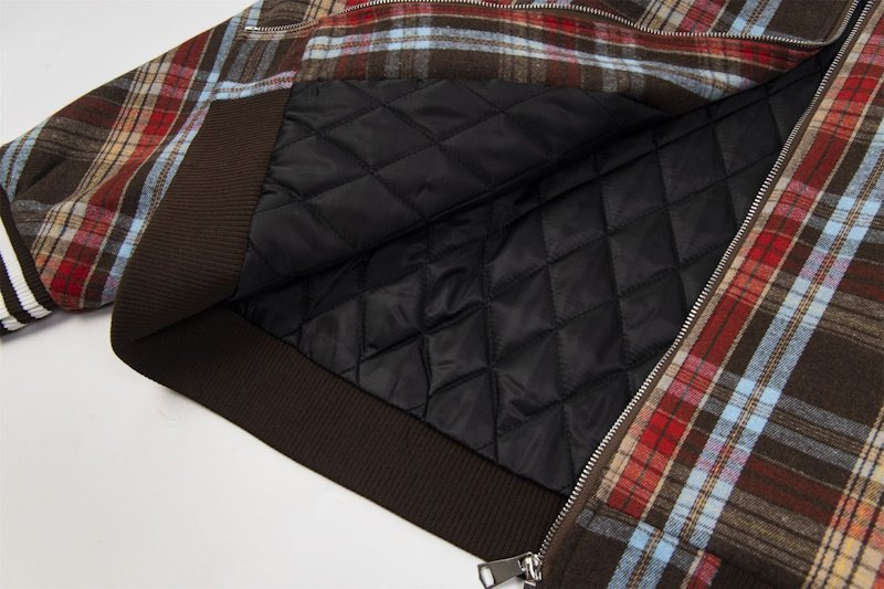 画像7: Check pattern splicing denim collar jacket blouson  ユニセックス 男女兼用チェック柄スプライシングデニム襟ジャケットブルゾンスタジャンジャケットMA1 ブルゾン  (7)