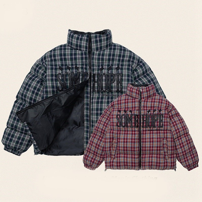画像3: heck pattern logo embroidery stand collar down jacket bread coat acket blouson  ユニセックス 男女兼用チェック柄ロゴ刺繍スタンドカラーダウンジャケットブレッドコート (3)