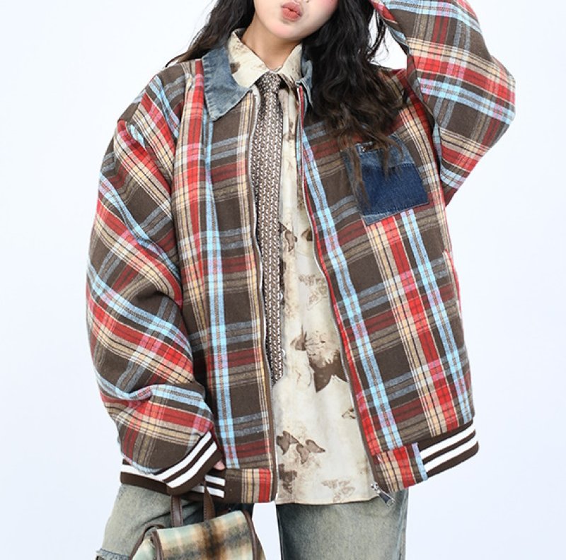 画像8: Check pattern splicing denim collar jacket blouson  ユニセックス 男女兼用チェック柄スプライシングデニム襟ジャケットブルゾンスタジャンジャケットMA1 ブルゾン  (8)