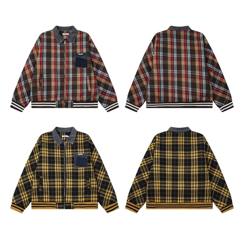 画像6: Check pattern splicing denim collar jacket blouson  ユニセックス 男女兼用チェック柄スプライシングデニム襟ジャケットブルゾンスタジャンジャケットMA1 ブルゾン  (6)