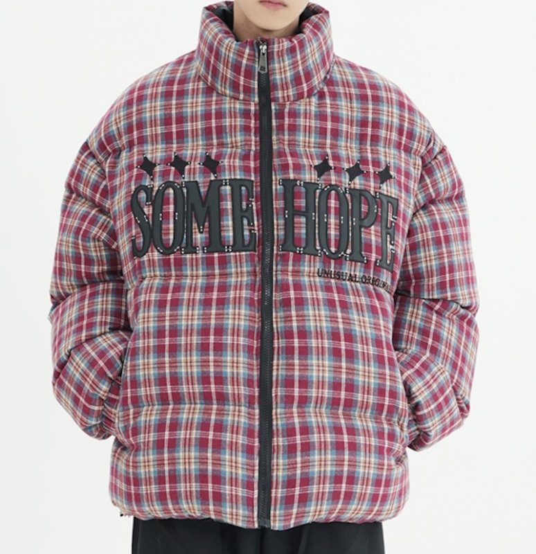 画像10: heck pattern logo embroidery stand collar down jacket bread coat acket blouson  ユニセックス 男女兼用チェック柄ロゴ刺繍スタンドカラーダウンジャケットブレッドコート (10)