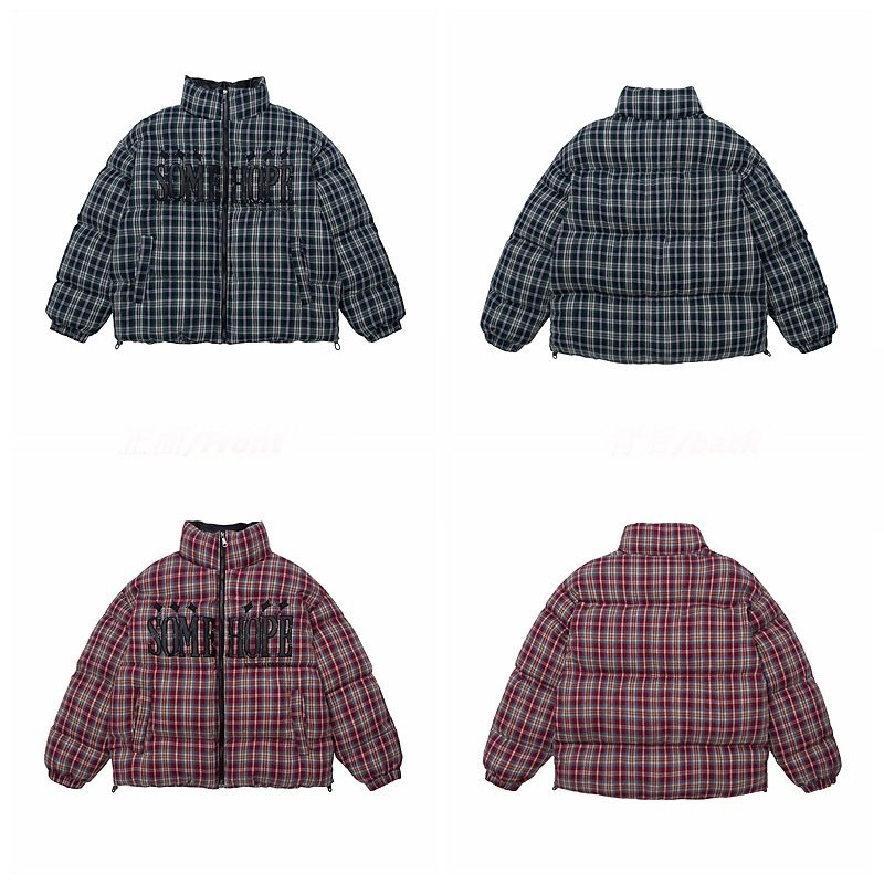 画像6: heck pattern logo embroidery stand collar down jacket bread coat acket blouson  ユニセックス 男女兼用チェック柄ロゴ刺繍スタンドカラーダウンジャケットブレッドコート (6)