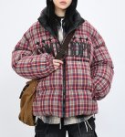 画像8: heck pattern logo embroidery stand collar down jacket bread coat acket blouson　 ユニセックス 男女兼用チェック柄ロゴ刺繍スタンドカラーダウンジャケットブレッドコート (8)
