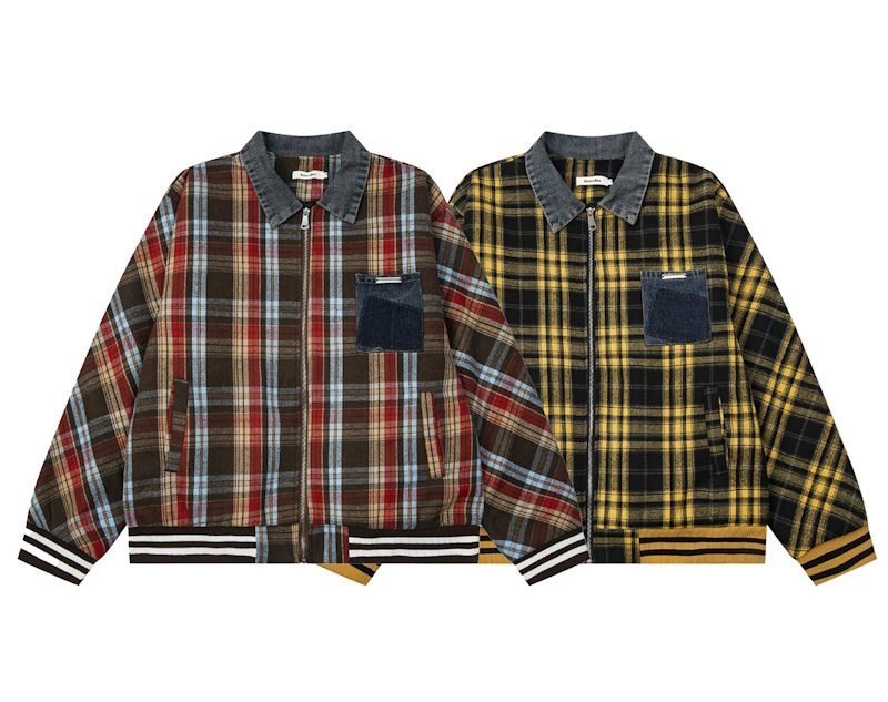 Check pattern splicing denim collar jacket blouson ユニ