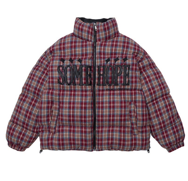 画像2: heck pattern logo embroidery stand collar down jacket bread coat acket blouson  ユニセックス 男女兼用チェック柄ロゴ刺繍スタンドカラーダウンジャケットブレッドコート (2)