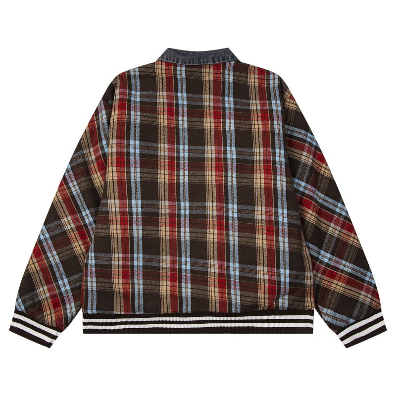 画像4: Check pattern splicing denim collar jacket blouson  ユニセックス 男女兼用チェック柄スプライシングデニム襟ジャケットブルゾンスタジャンジャケットMA1 ブルゾン  (4)