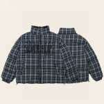 画像4: heck pattern logo embroidery stand collar down jacket bread coat acket blouson　 ユニセックス 男女兼用チェック柄ロゴ刺繍スタンドカラーダウンジャケットブレッドコート (4)