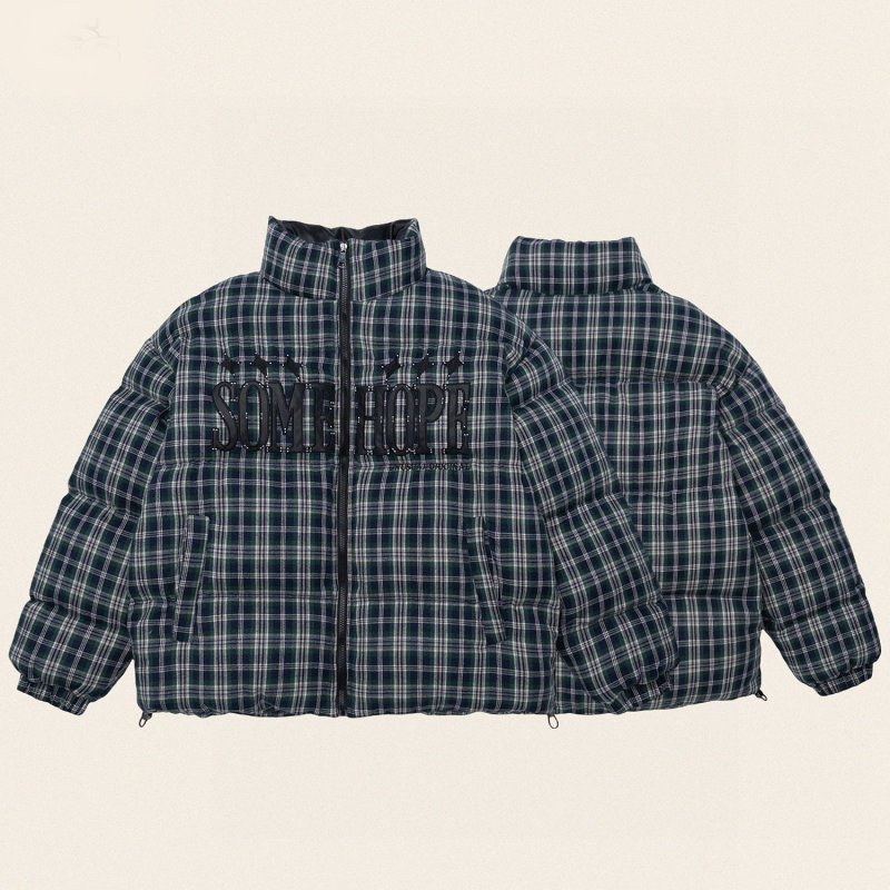 画像4: heck pattern logo embroidery stand collar down jacket bread coat acket blouson  ユニセックス 男女兼用チェック柄ロゴ刺繍スタンドカラーダウンジャケットブレッドコート (4)