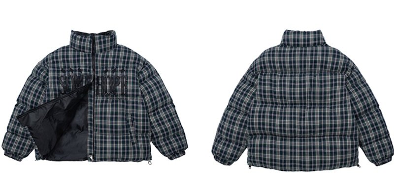 画像7: heck pattern logo embroidery stand collar down jacket bread coat acket blouson  ユニセックス 男女兼用チェック柄ロゴ刺繍スタンドカラーダウンジャケットブレッドコート (7)