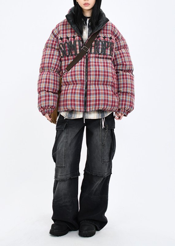 画像11: heck pattern logo embroidery stand collar down jacket bread coat acket blouson  ユニセックス 男女兼用チェック柄ロゴ刺繍スタンドカラーダウンジャケットブレッドコート (11)