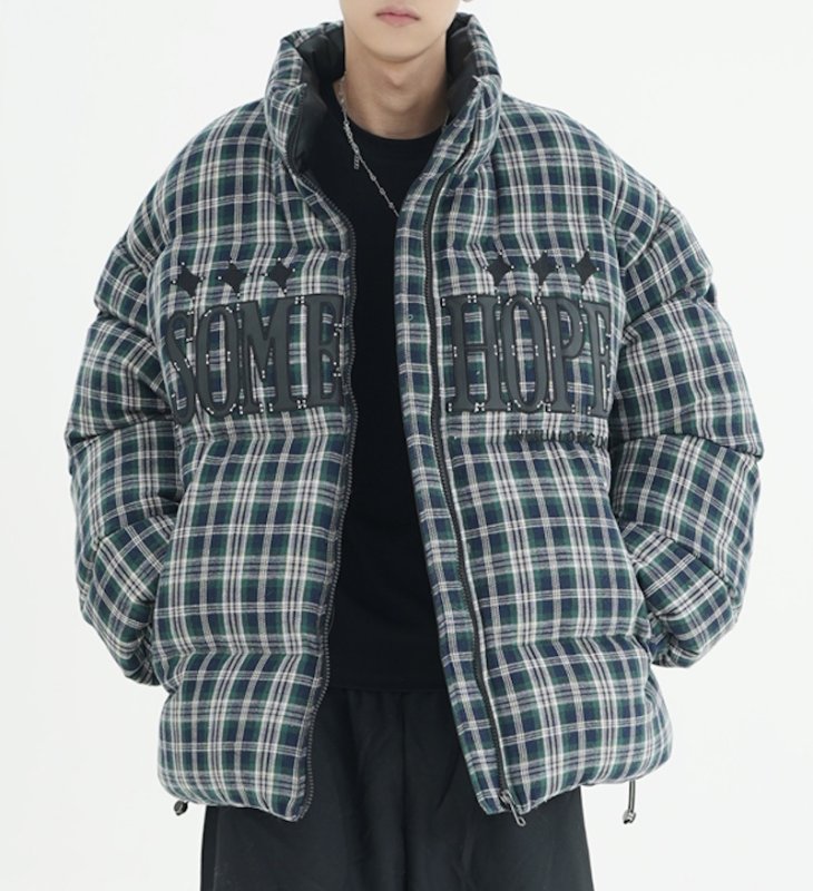 画像9: heck pattern logo embroidery stand collar down jacket bread coat acket blouson  ユニセックス 男女兼用チェック柄ロゴ刺繍スタンドカラーダウンジャケットブレッドコート (9)