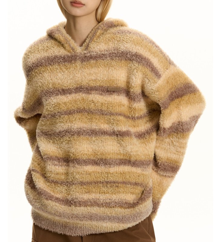 画像8: Unisex Contrast Stripe Hoodie Pullover Sweate 男女兼用  モヘアコントラストストライプフーディプルオーバーセーターニット (8)