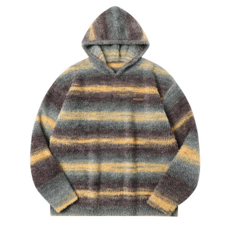 画像2: Unisex Contrast Stripe Hoodie Pullover Sweate 男女兼用  モヘアコントラストストライプフーディプルオーバーセーターニット (2)