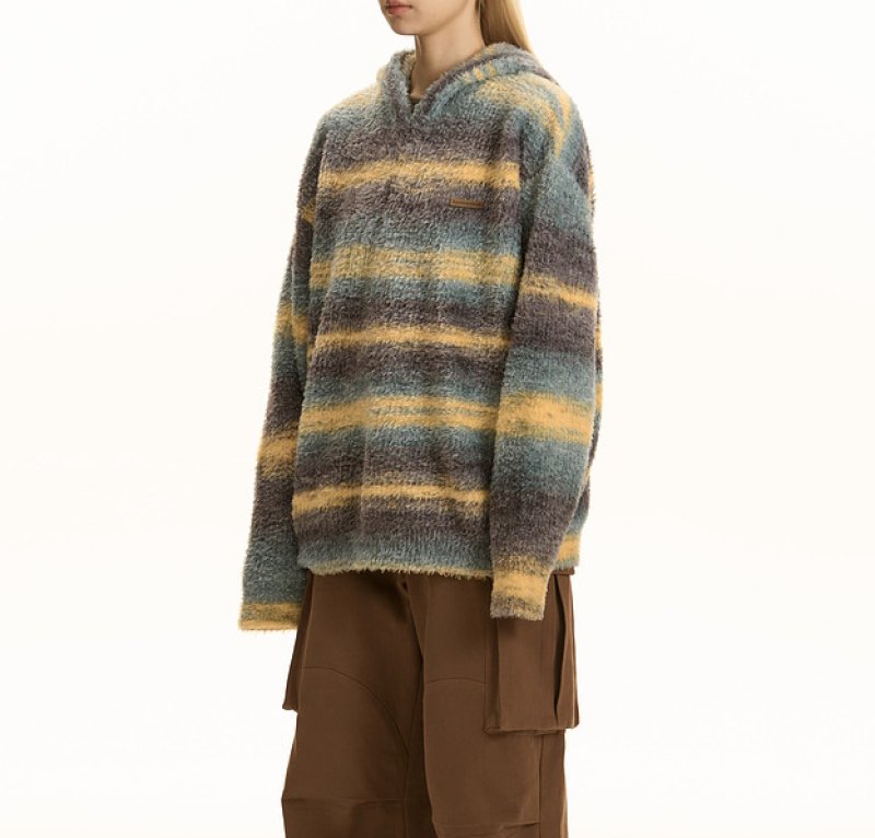 画像12: Unisex Contrast Stripe Hoodie Pullover Sweate 男女兼用  モヘアコントラストストライプフーディプルオーバーセーターニット (12)