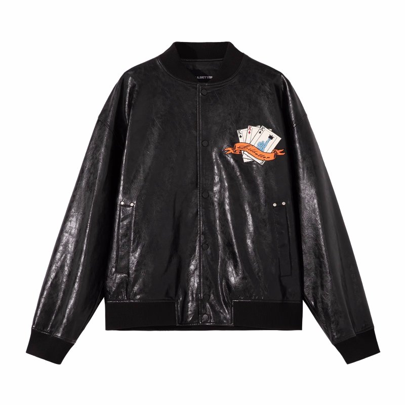 画像2: Trump print leather stadium jumper jacket baseball uniform blouson  ユニセックス 男女兼用 トランププリントレザージャケットスタジアムジャンパー  スタジャン MA-1 ボンバー  ブルゾン (2)