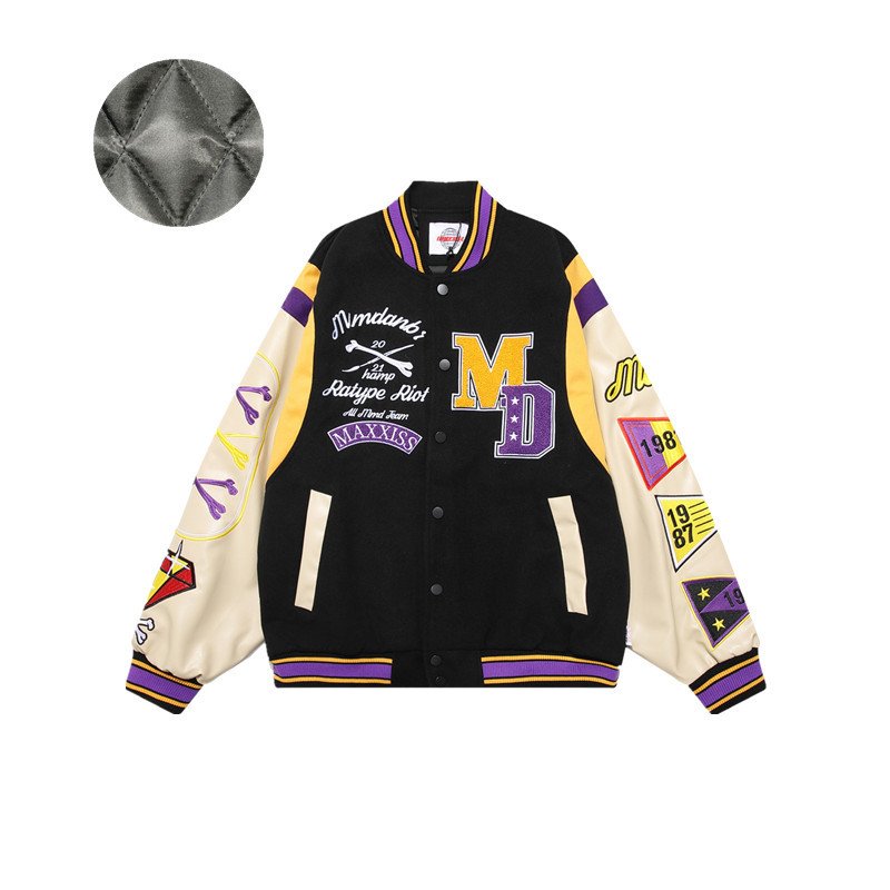 画像2: MMDANBR Embroidery leather sleeves baseball jacket stadium jacket baseball uniform blouson  ユニセックス 男女兼用 キルティング 刺繍スタジアムジャンパー ダウンジャケット スタジャン MA-1 ボンバー ジャケット ブルゾン (2)