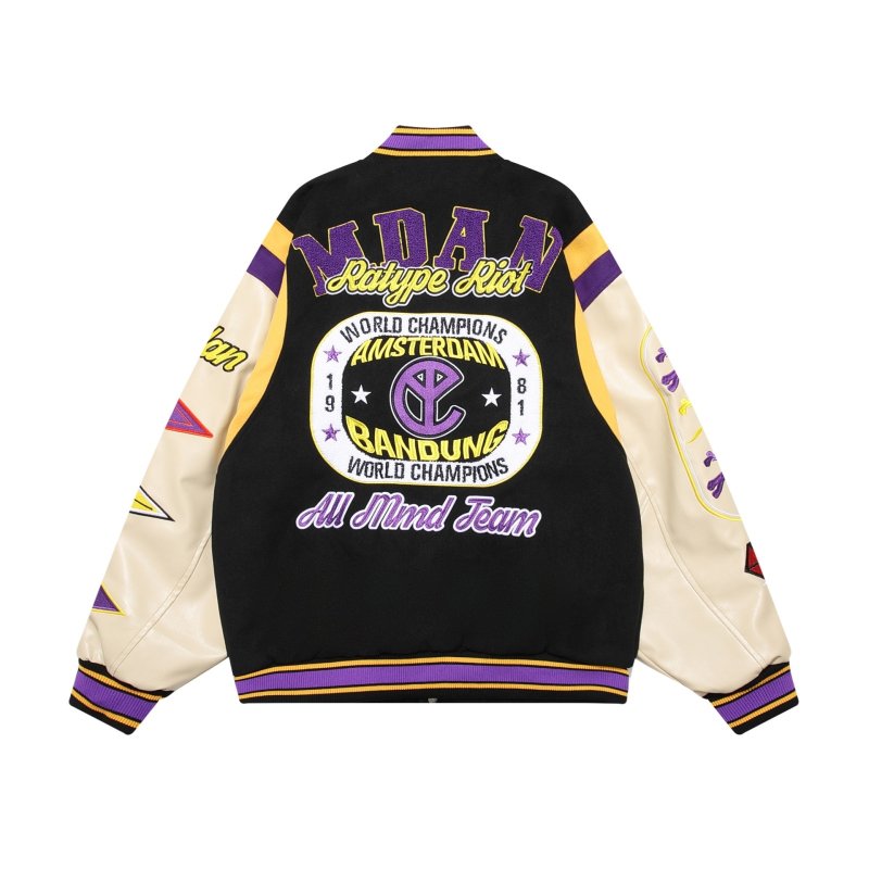 画像1: MMDANBR Embroidery leather sleeves baseball jacket stadium jacket baseball uniform blouson  ユニセックス 男女兼用 キルティング 刺繍スタジアムジャンパー ダウンジャケット スタジャン MA-1 ボンバー ジャケット ブルゾン (1)
